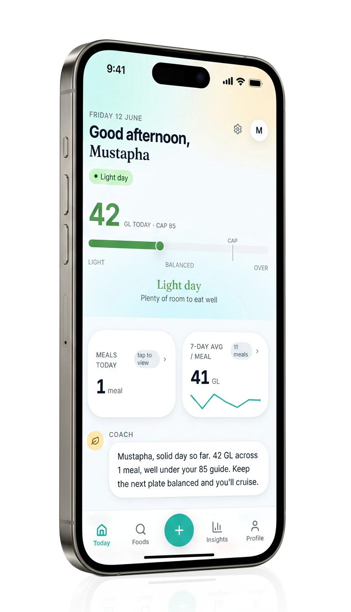 GlucoSteps app shown on a smartphone: Today screen with a Light day, 42 GL across 1 meal, 7-day average and coach guidance