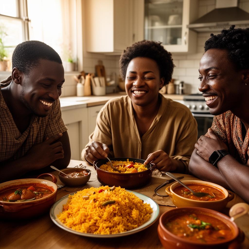 Three friends laughing and sharing a home-cooked meal together
