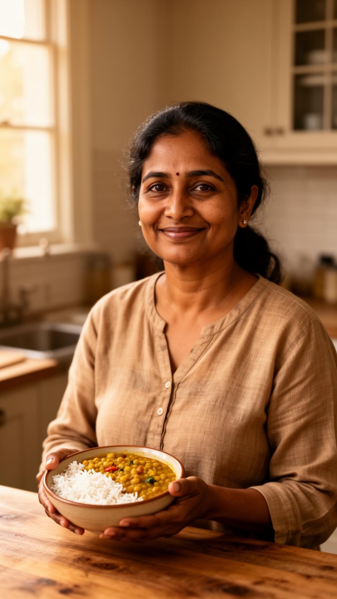 A woman holding a bowl of home-cooked daal and rice in her kitchen